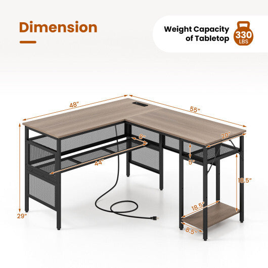 L-Shaped Computer Desk with Charging Station and Adjustable Shelf-Gray W2B