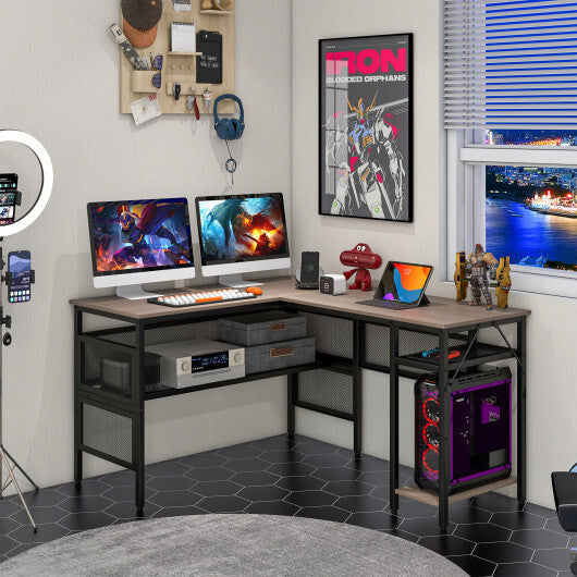 L-Shaped Computer Desk with Charging Station and Adjustable Shelf-Gray W2B