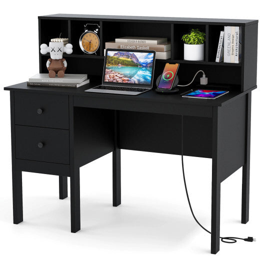 48 Inch Computer Desk with Drawers Power Outlets and 5-Cubby Hutch-White