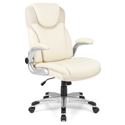 Ergonomic Office PU Leather Executive Chair with Flip-up Armrests and Rocking Function-White W2B