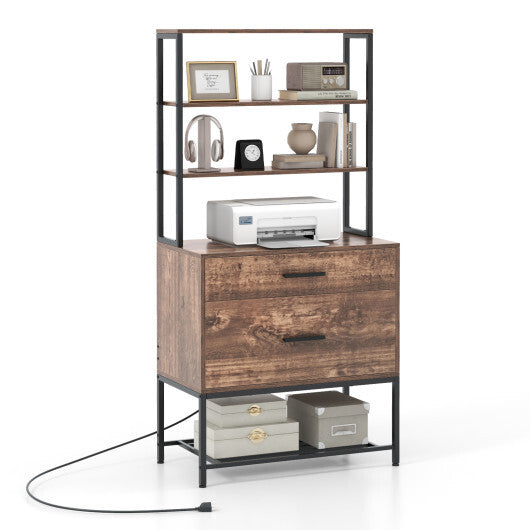 Freestanding File Cabinet with Charging Station and 3-Tier Open Shelves-Rustic Brown