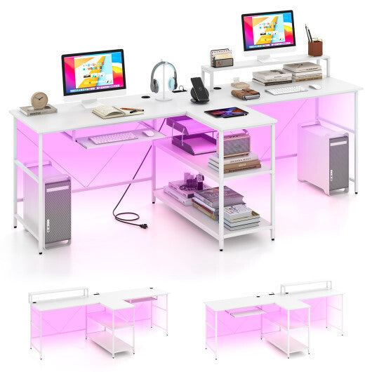 2-Person Reversible Computer Desk Long Office Desk with LED Lights-White W2B