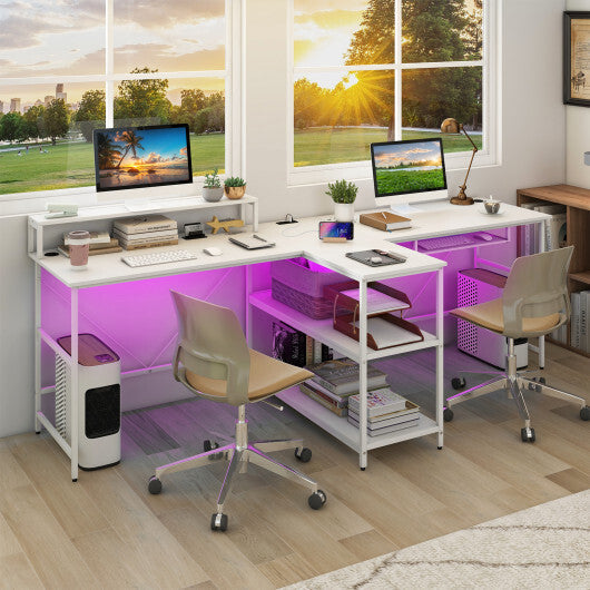 2-Person Reversible Computer Desk Long Office Desk with LED Lights-White W2B