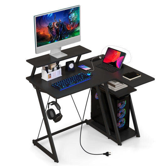 L Shaped Gaming Desk with Outlets and USB Ports-Black W2B