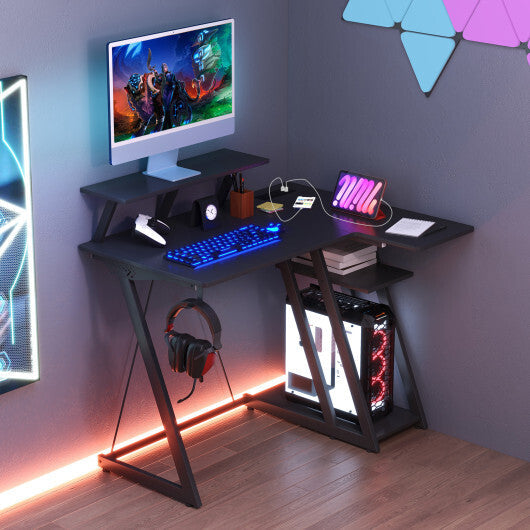 L Shaped Gaming Desk with Outlets and USB Ports-Black W2B