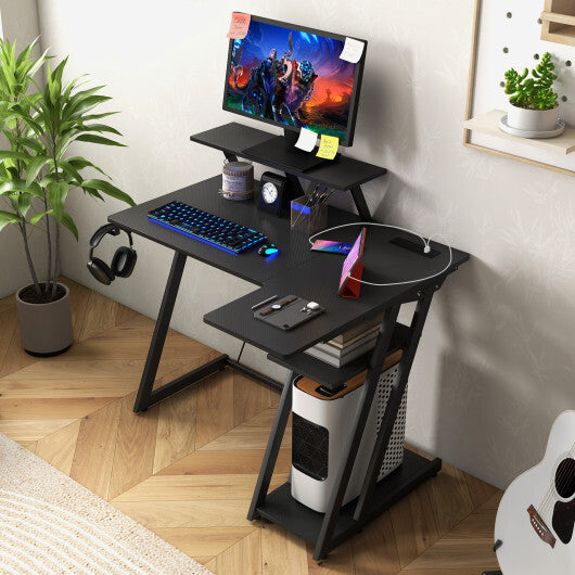 L Shaped Gaming Desk with Outlets and USB Ports-Black W2B