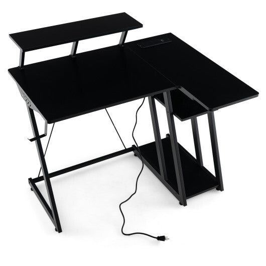 L Shaped Gaming Desk with Outlets and USB Ports-Black W2B