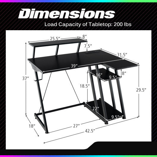 L Shaped Gaming Desk with Outlets and USB Ports-Black W2B