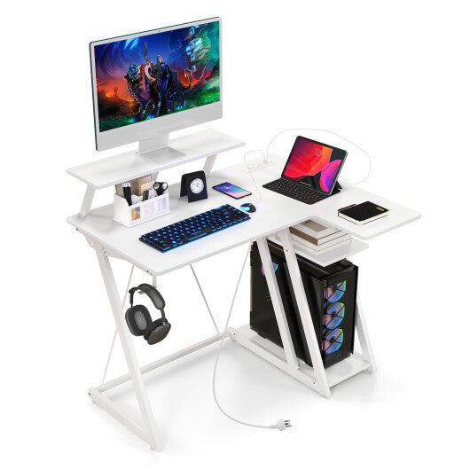 L Shaped Gaming Desk with Outlets and USB Ports-Black W2B