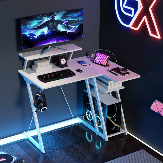L Shaped Gaming Desk with Outlets and USB Ports-Black W2B