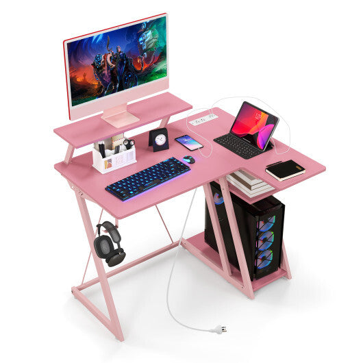 L Shaped Gaming Desk with Outlets and USB Ports-Black W2B