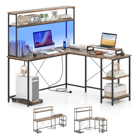 L-Shaped Reversible Gaming Desk with LED Strip and Power Outlets Hutch Monitor Stand-Rustic Brown W2B