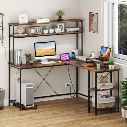 L-Shaped Reversible Gaming Desk with LED Strip and Power Outlets Hutch Monitor Stand-Rustic Brown W2B