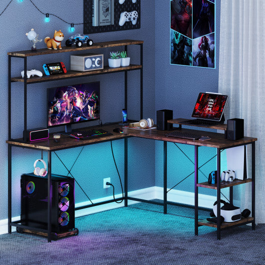 L-Shaped Reversible Gaming Desk with LED Strip and Power Outlets Hutch Monitor Stand-Rustic Brown W2B