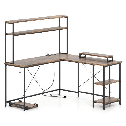 L-Shaped Reversible Gaming Desk with LED Strip and Power Outlets Hutch Monitor Stand-Rustic Brown W2B