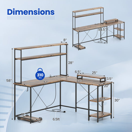 L-Shaped Reversible Gaming Desk with LED Strip and Power Outlets Hutch Monitor Stand-Rustic Brown W2B