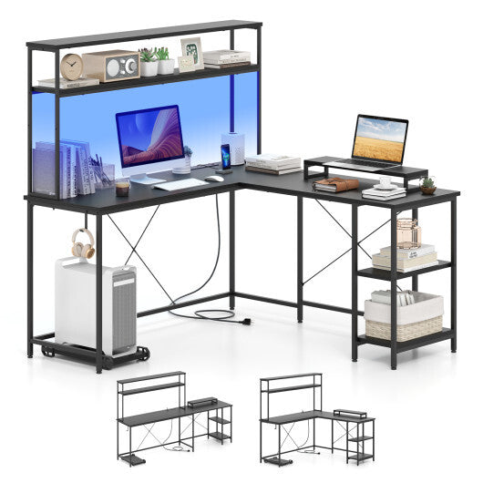 L-Shaped Reversible Gaming Desk with LED Strip and Power Outlets Hutch Monitor Stand-Rustic Brown W2B
