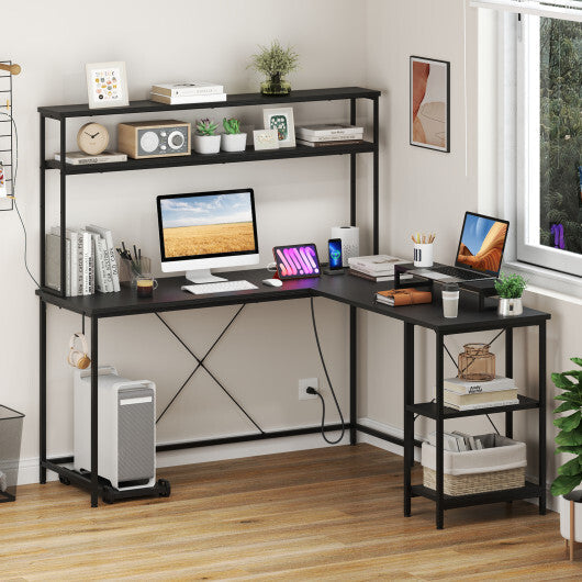 L-Shaped Reversible Gaming Desk with LED Strip and Power Outlets Hutch Monitor Stand-Rustic Brown W2B