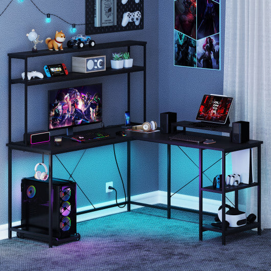 L-Shaped Reversible Gaming Desk with LED Strip and Power Outlets Hutch Monitor Stand-Rustic Brown W2B