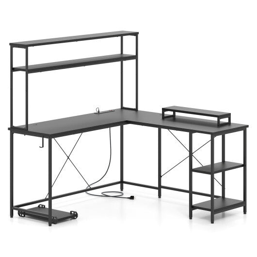 L-Shaped Reversible Gaming Desk with LED Strip and Power Outlets Hutch Monitor Stand-Rustic Brown W2B