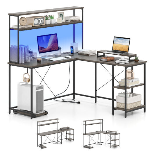 L-Shaped Reversible Gaming Desk with LED Strip and Power Outlets Hutch Monitor Stand-Rustic Brown W2B