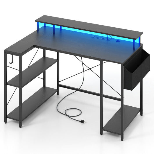 L-Shaped Gaming Desk with LED Lights and Power Outlets-Rustic Brown