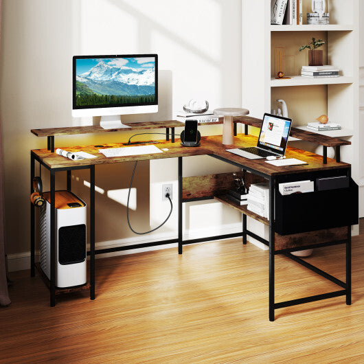 L-Shaped Gaming Desk with LED Lights and Power Outlets Home Office Computer Desk-Rustic Brown W2B