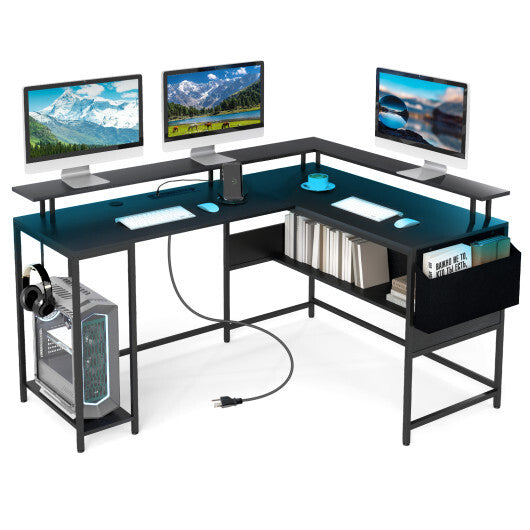 L-Shaped Gaming Desk with LED Lights and Power Outlets Home Office Computer Desk-Rustic Brown