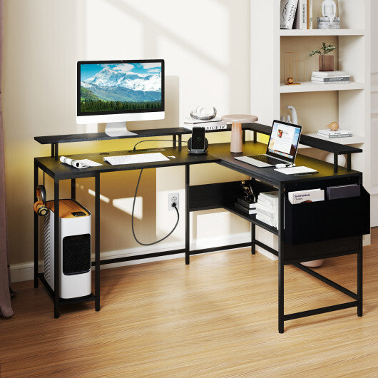 L-Shaped Gaming Desk with LED Lights and Power Outlets Home Office Computer Desk-Rustic Brown