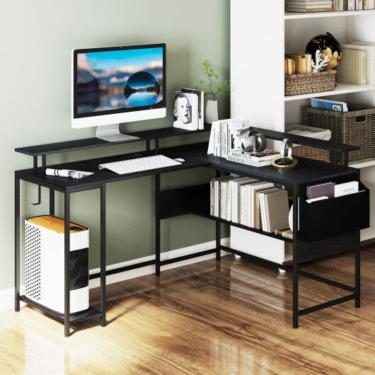 L-Shaped Gaming Desk with LED Lights and Power Outlets Home Office Computer Desk-Rustic Brown