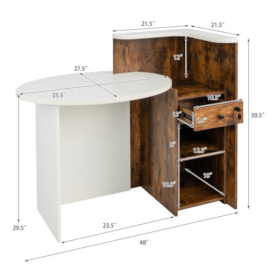 Front Reception Office Desk with Open Shelf and Drawer-Brown & White