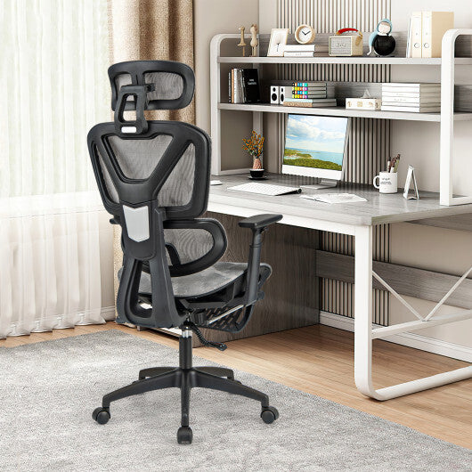 Mesh Office Chair with Tilting Backrest and Retractable Footrest-Gray