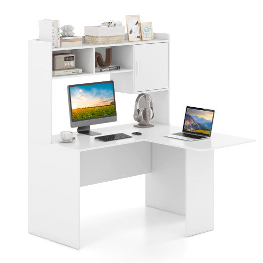 L-Shaped Desk Corner Computer Desk with Open Storage Hutch and Cabinet-White