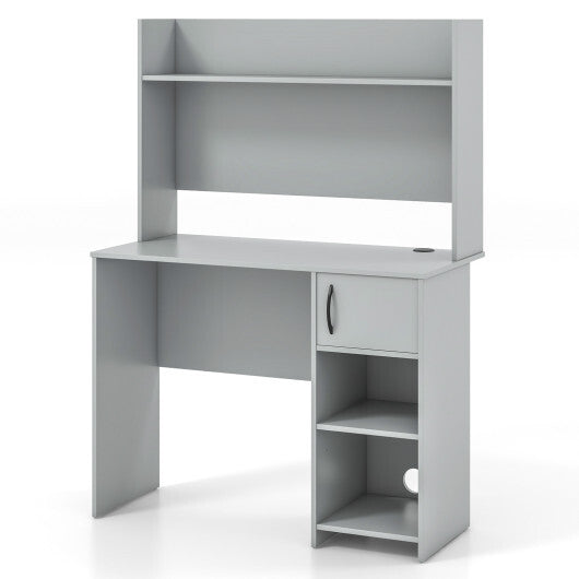 Home Office Desk with Raised Display Shelf and 2 Open Shelves-Gray W2B