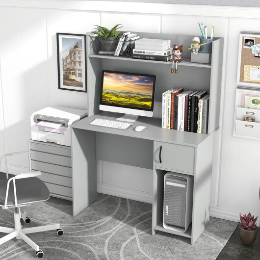 Home Office Desk with Raised Display Shelf and 2 Open Shelves-Gray W2B