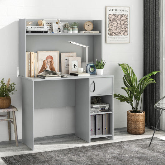 Home Office Desk with Raised Display Shelf and 2 Open Shelves-Gray W2B
