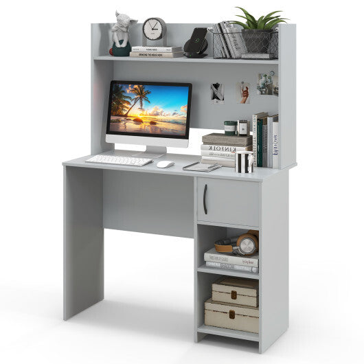 Home Office Desk with Raised Display Shelf and 2 Open Shelves-Gray W2B