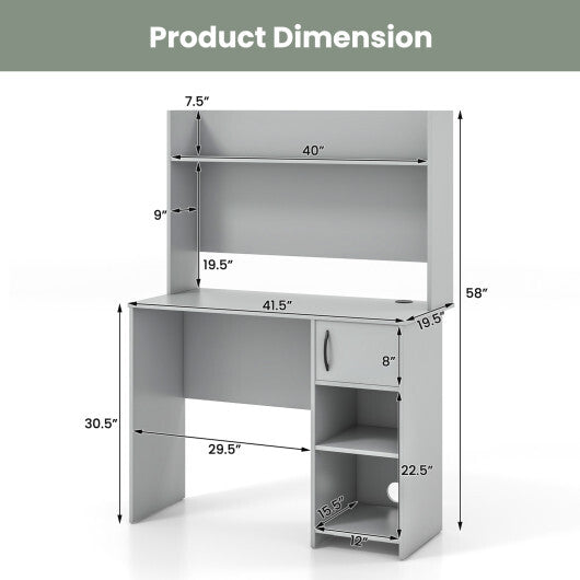 Home Office Desk with Raised Display Shelf and 2 Open Shelves-Gray W2B