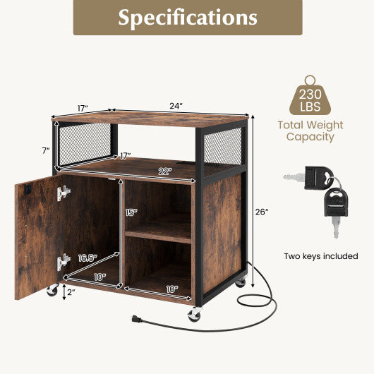File Cabinet on Wheels with Charging Station and Cable Management Hole-Gray W2B