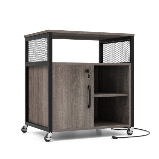 File Cabinet on Wheels with Charging Station and Cable Management Hole-Gray W2B