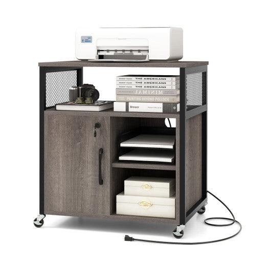 File Cabinet on Wheels with Charging Station and Cable Management Hole-Gray W2B