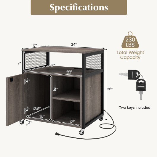 File Cabinet on Wheels with Charging Station and Cable Management Hole-Gray W2B