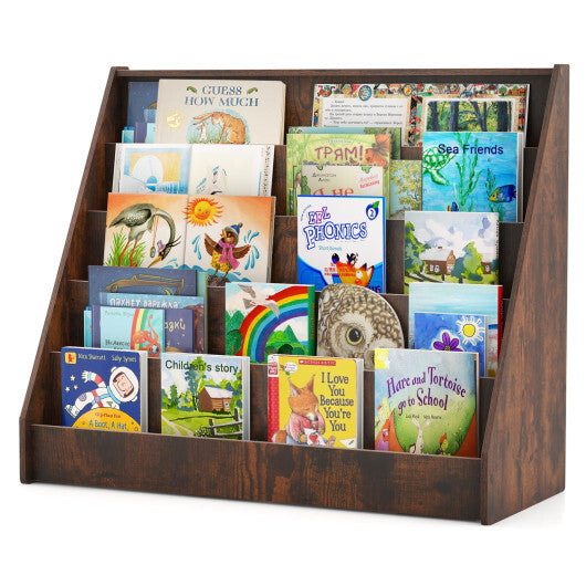 5-Tier Kids Bookshelf with Deep Compartments and Stable Baby Book Case-Rustic Brown W2B