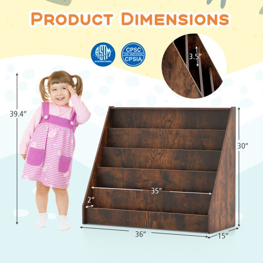 5-Tier Kids Bookshelf with Deep Compartments and Stable Baby Book Case-Rustic Brown W2B