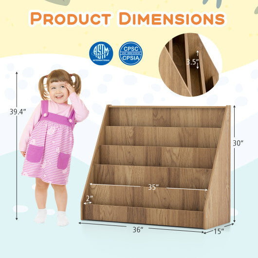 5-Tier Kids Bookshelf with Deep Compartments and Stable Baby Book Case-Rustic Brown W2B