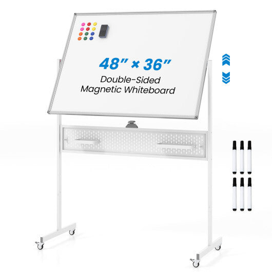 Mobile Whiteboard Adjustable Double-Sided Magnetic Board with Pegboard-White W2B