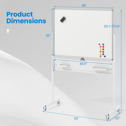Mobile Whiteboard Adjustable Double-Sided Magnetic Board with Pegboard-White W2B