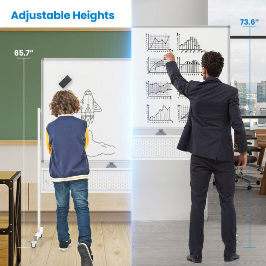 Mobile Whiteboard Adjustable Double-Sided Magnetic Board with Pegboard-White W2B