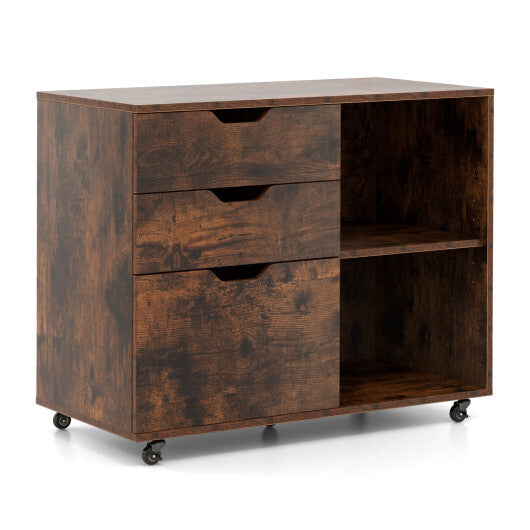 3-Drawer File Cabinet with Adjustable Shelf and Wheels for Letter-Rustic Brown W2B