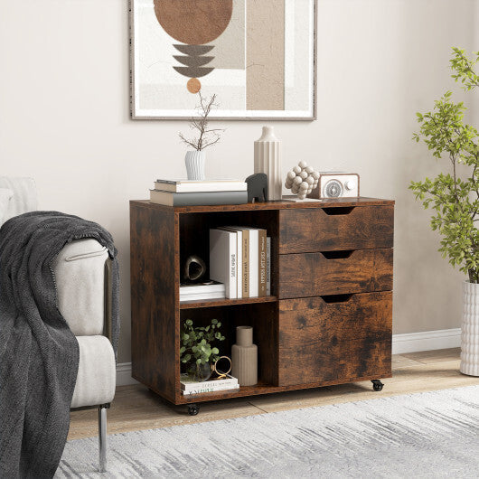 3-Drawer File Cabinet with Adjustable Shelf and Wheels for Letter-Rustic Brown W2B